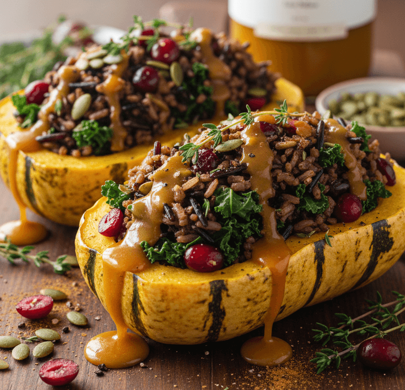 Harvest Pumpkin-Stuffed Delicata Squash with Wild Rice, Cranberries & Maple Glaze