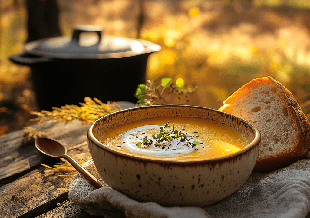 Soup enjoyed outdoors on a fall afternoon