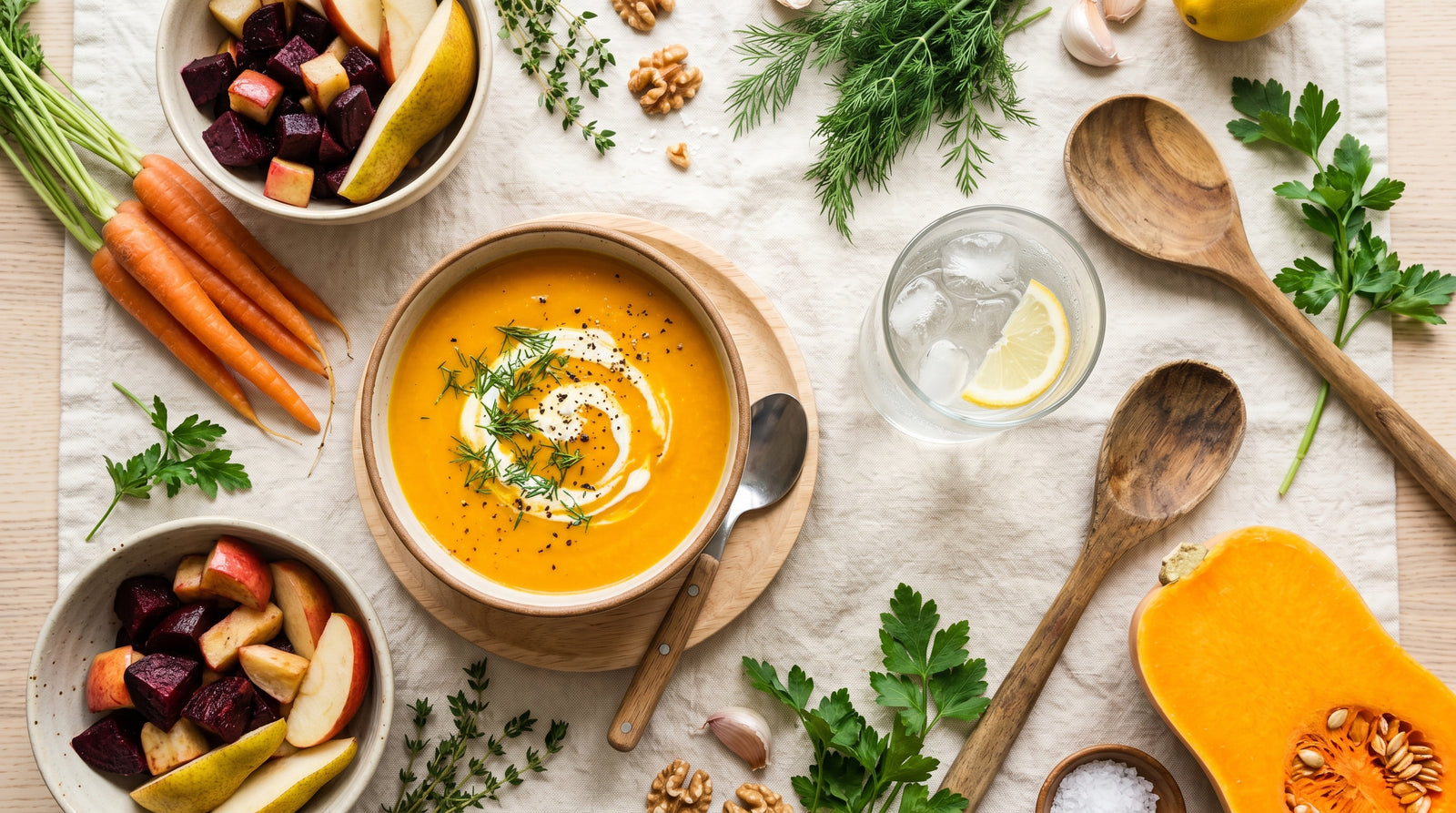 An overhead table of soup bowls surrounded by carrots, squash, herbs and mushrooms